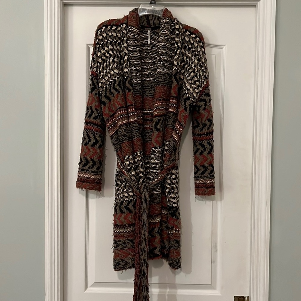 Free People charcoal Iona mixed pattern long belted cardigan